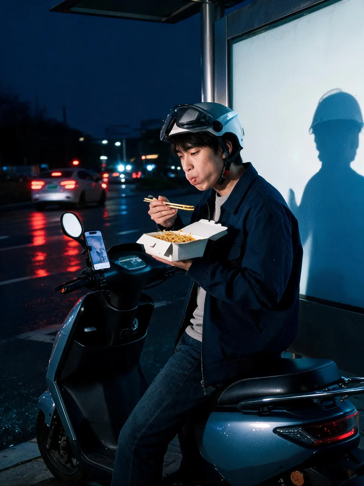 Delivery rider eating noodles on a scooter at a bus stop at night, lit by direct flash, made with Seedream 5