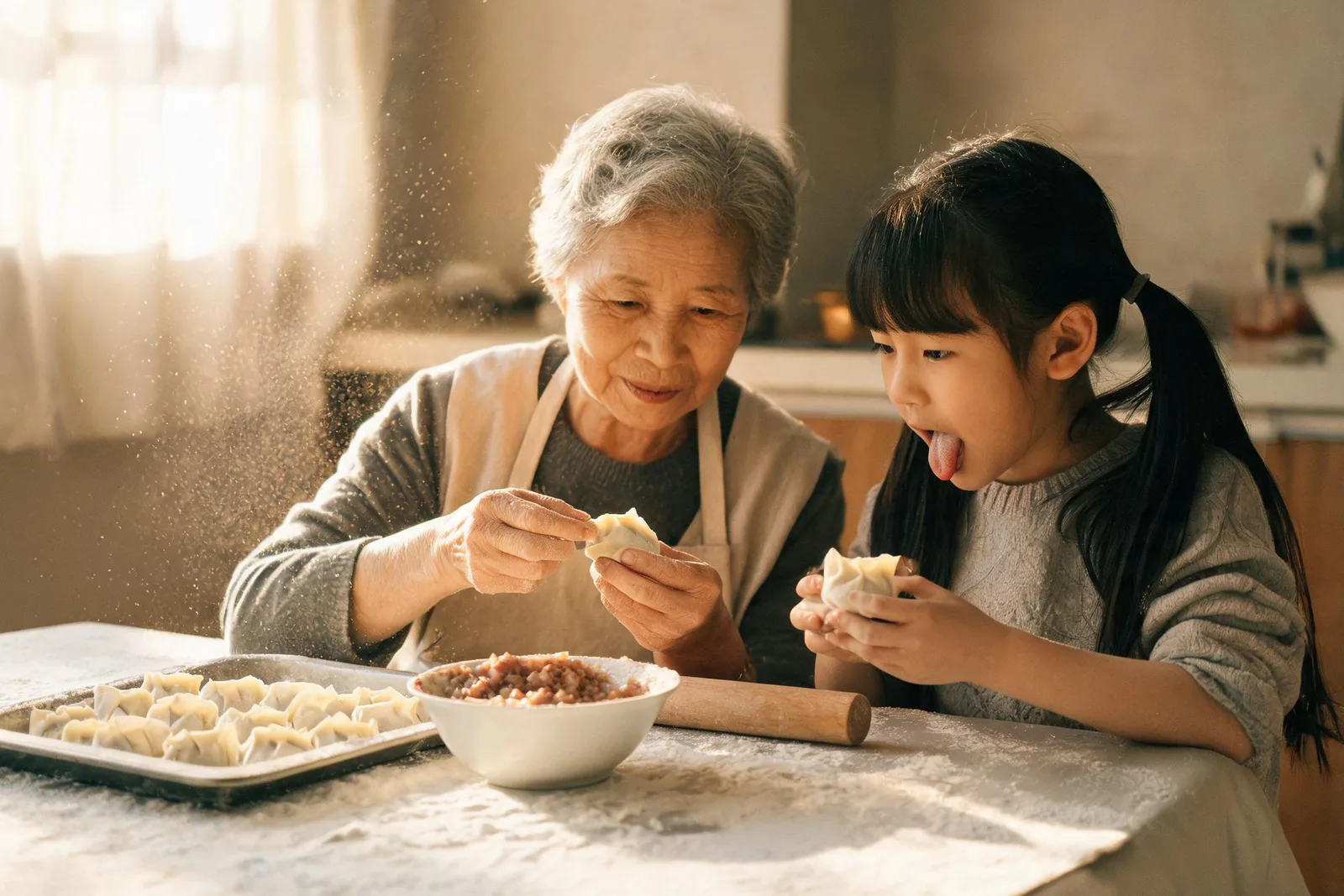 Grandmother and granddaughter folding dumplings in window light, made from a Seedream 5 prompt
