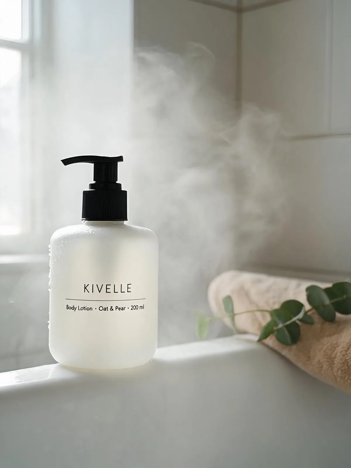 KIVELLE body lotion pump bottle on a bathtub rim with steam and eucalyptus, made with Seedream 5