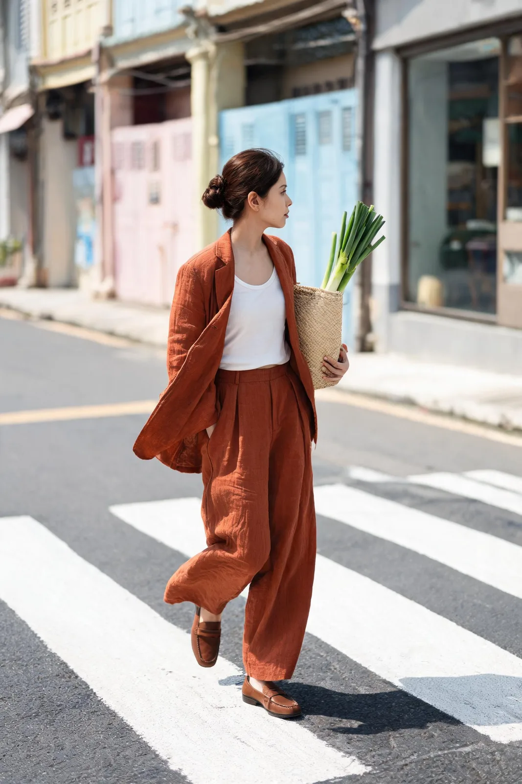 Woman in a rust linen suit crossing a zebra crossing at noon with leeks in a woven bag, made with Seedream 5