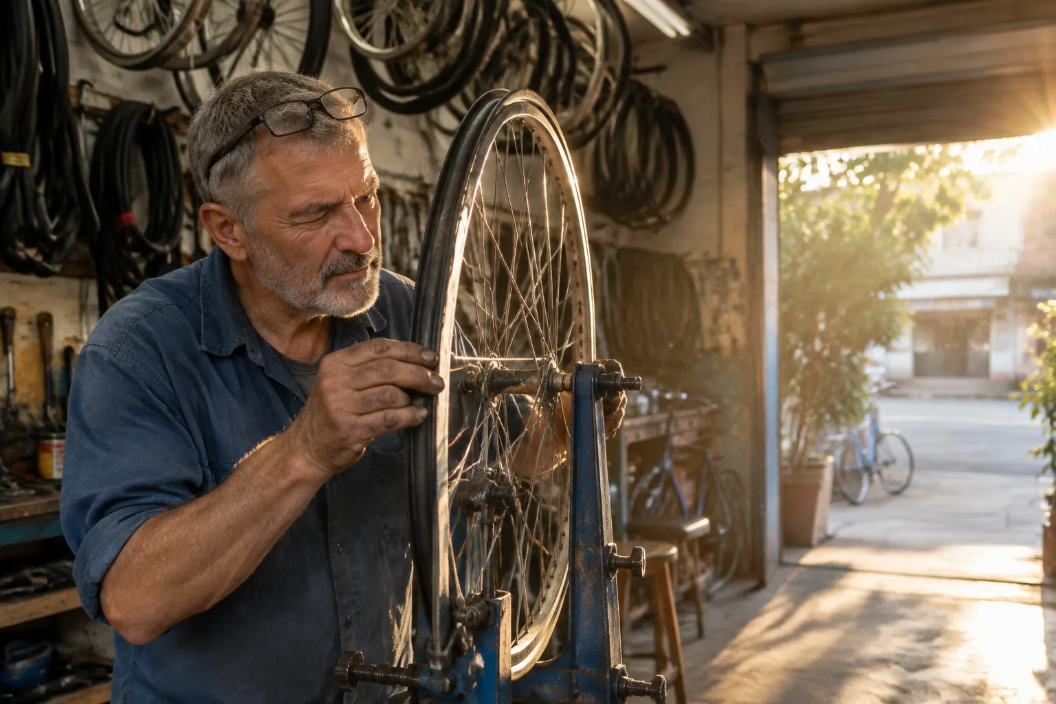 Older bicycle mechanic truing a wheel in a sunlit shophouse workshop, made from a GPT Image 2.5 prompt