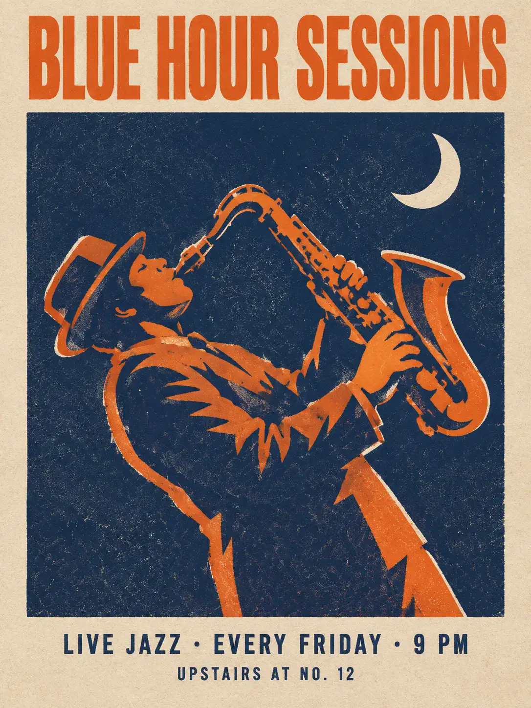 Screen-printed jazz gig poster in navy and orange with three text lines, made with GPT Image 2.5
