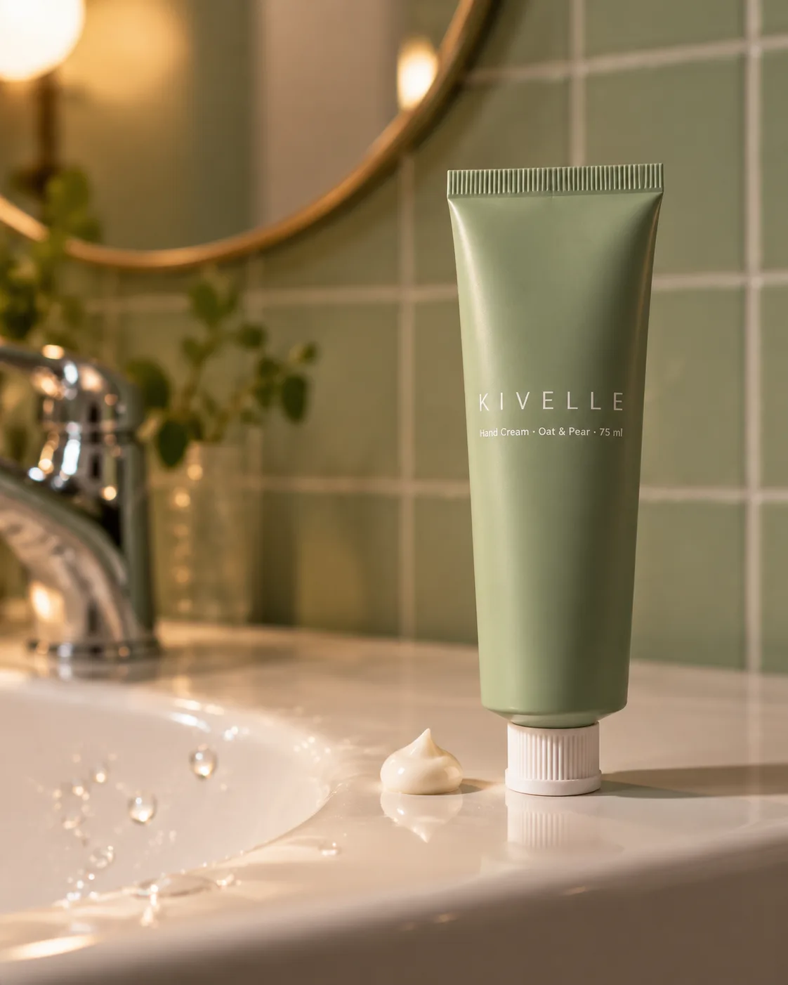 KIVELLE hand cream tube standing on a bathroom sink in warm evening light, made with GPT Image 2.5