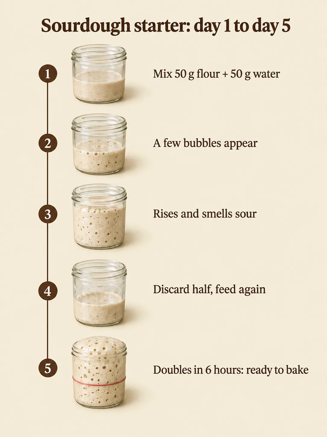 Sourdough starter day 1 to day 5 infographic with five glass jars, made with GPT Image 2.5