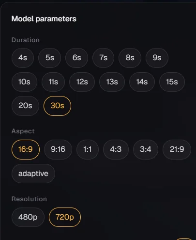 Seedance 2.5 parameters menu in the Reviral studio with 4-15, 20 or 30 seconds and 480p or 720p