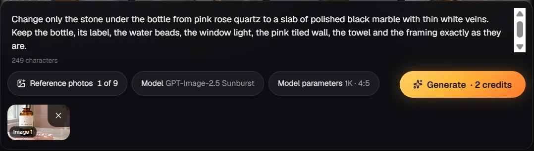 One-change edit of an AI product photo in the image studio
