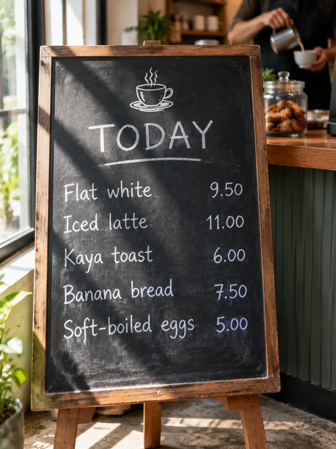 Café chalkboard menu titled TODAY with five items and prices, made with GPT Image 2.5
