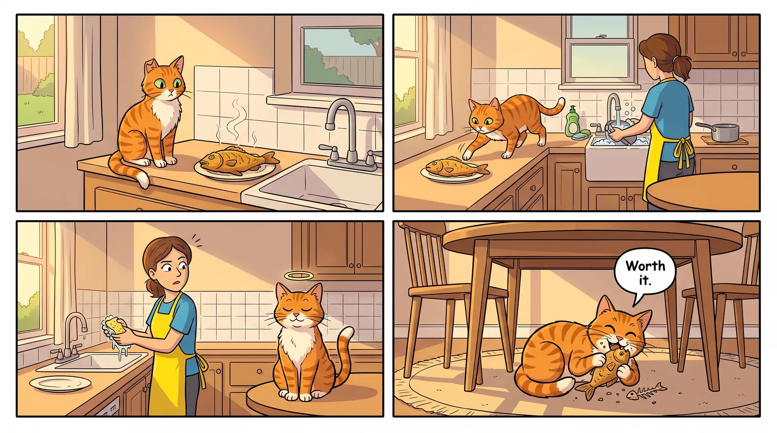 Four-panel comic of an orange tabby cat stealing a fried fish, speech bubble Worth it, made with Nano Banana Pro