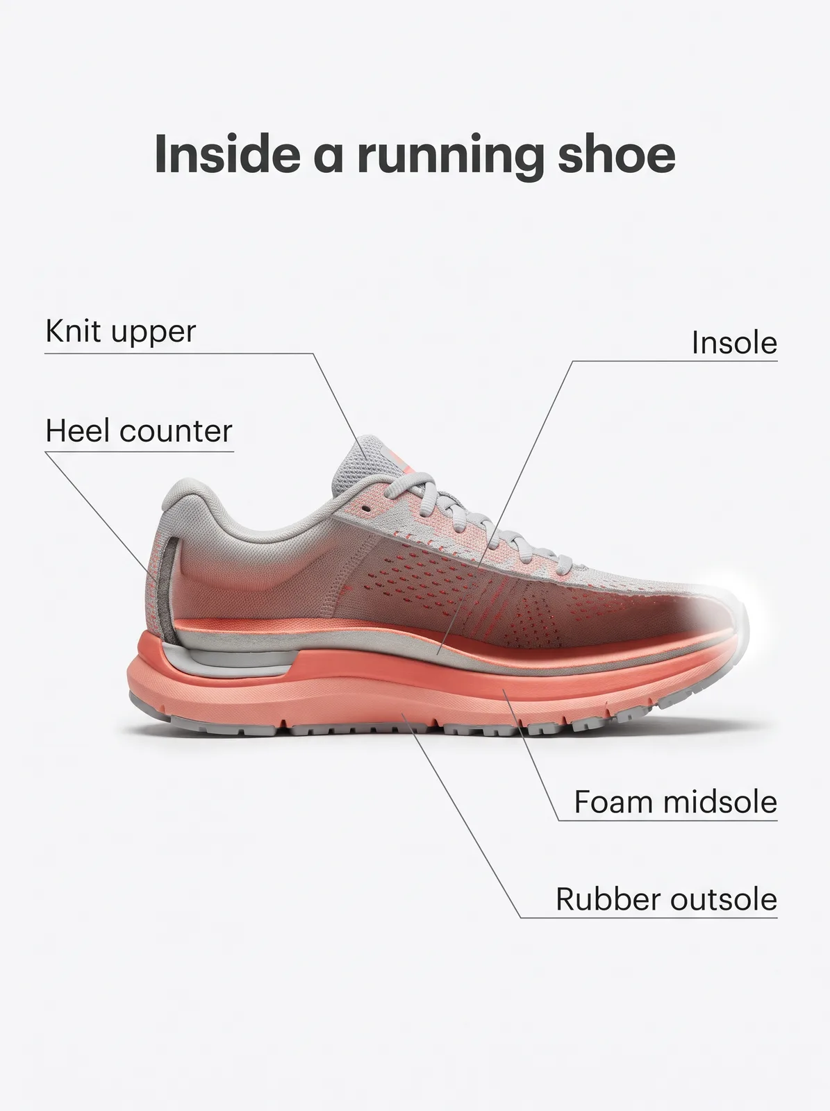 Plain unbranded running shoe with its inner layers shown and five part labels, made with Nano Banana Pro