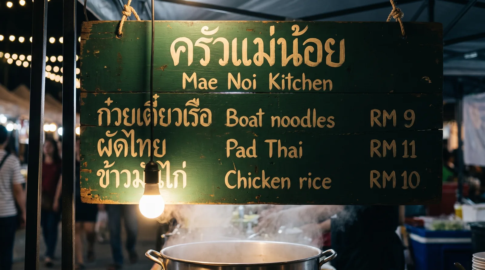 Green night-market menu board with Thai and English dish names and ringgit prices, made with Nano Banana Pro