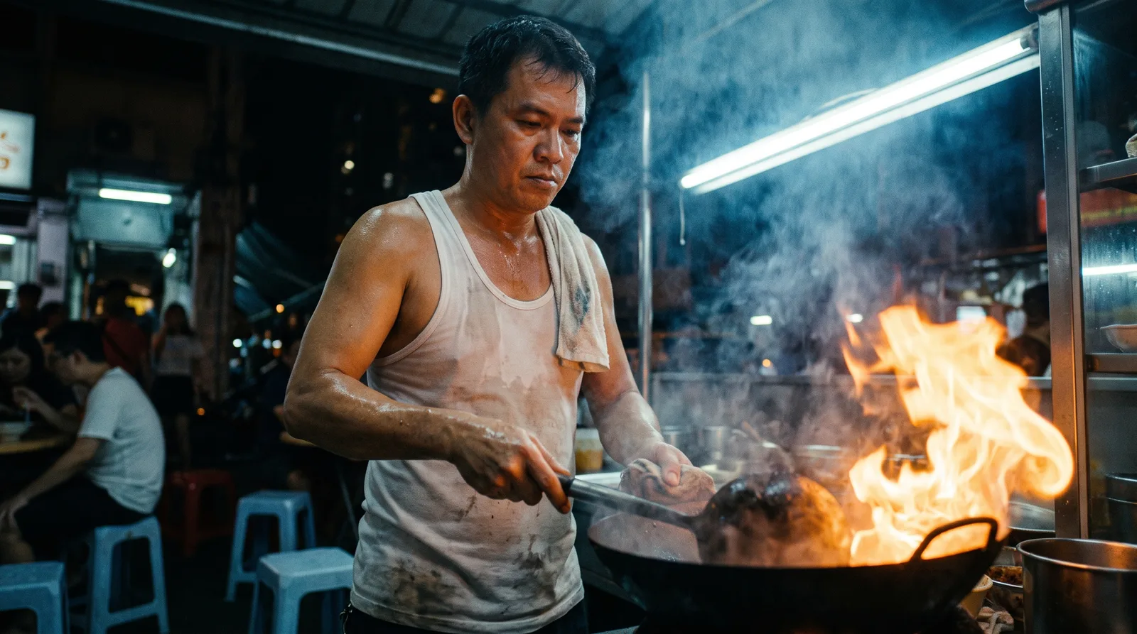 Hawker wok cook tossing noodles over a burst of flame at night, made from a Nano Banana Pro prompt