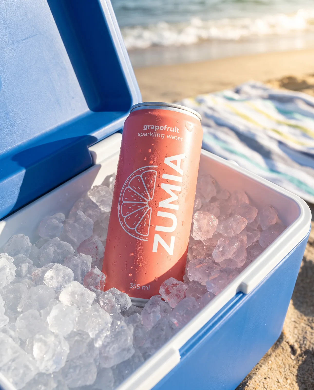 ZUMIA grapefruit sparkling water can in a cooler of crushed ice on a beach, made with Nano Banana Pro