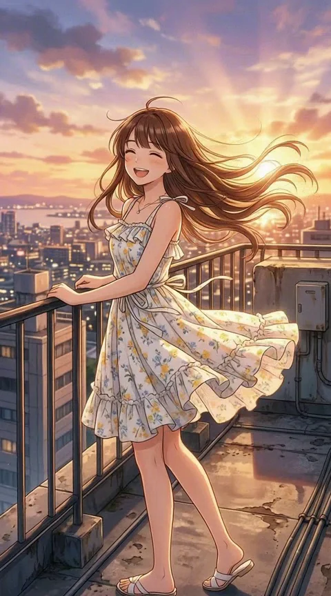 AI 動畫生成：夕陽下在城市屋頂上大笑、頭髮被風吹起的動漫少女影片畫面