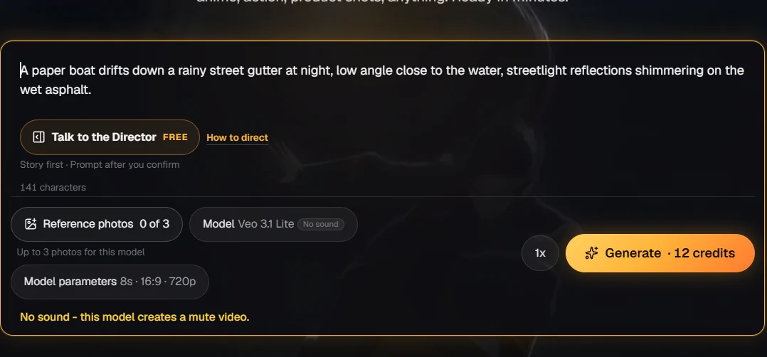 Reviral video studio with Veo 3.1 Lite picked and the price line showing 12 credits
