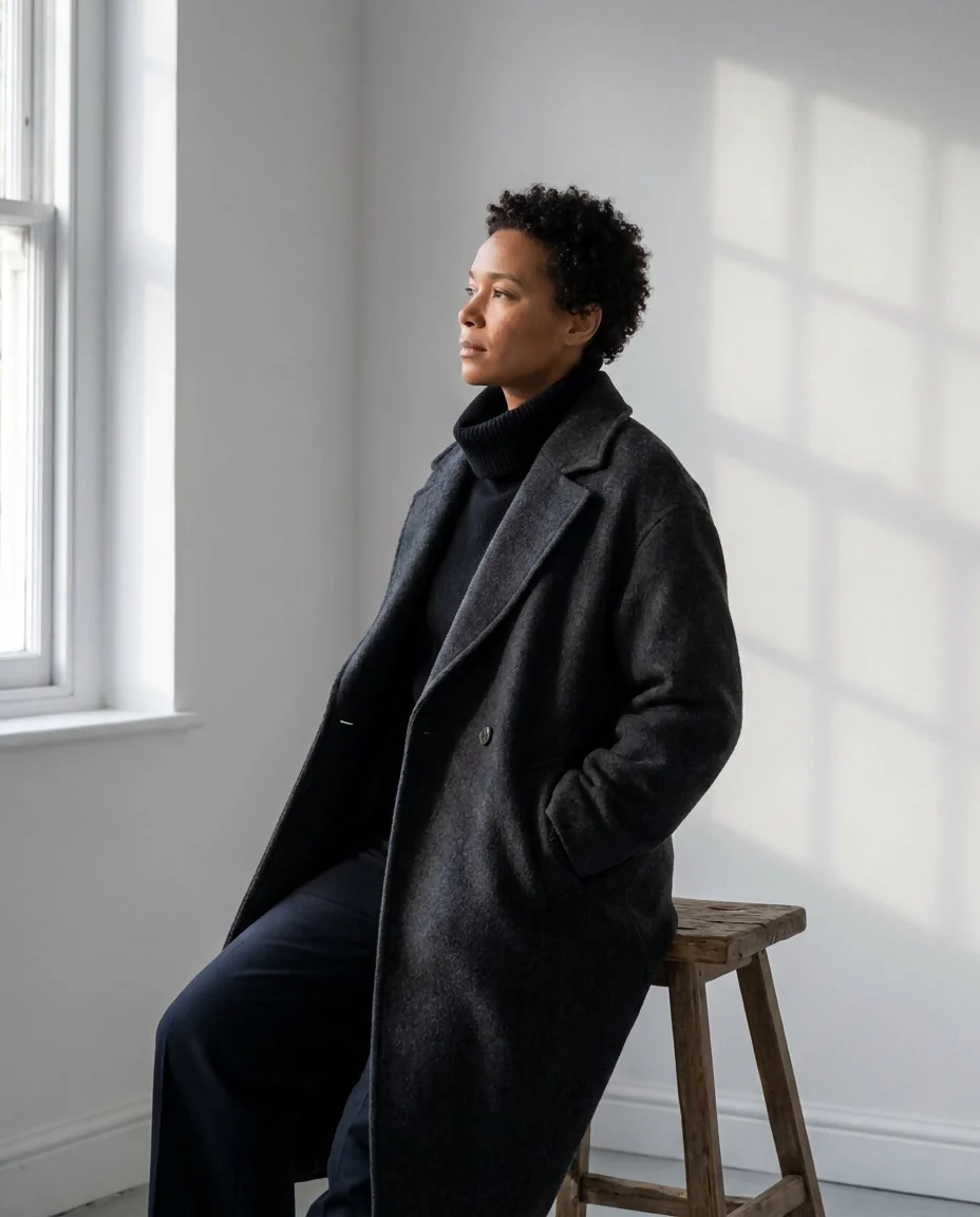 The same woman in a charcoal coat by a studio window, a consistency test with Nano Banana Pro
