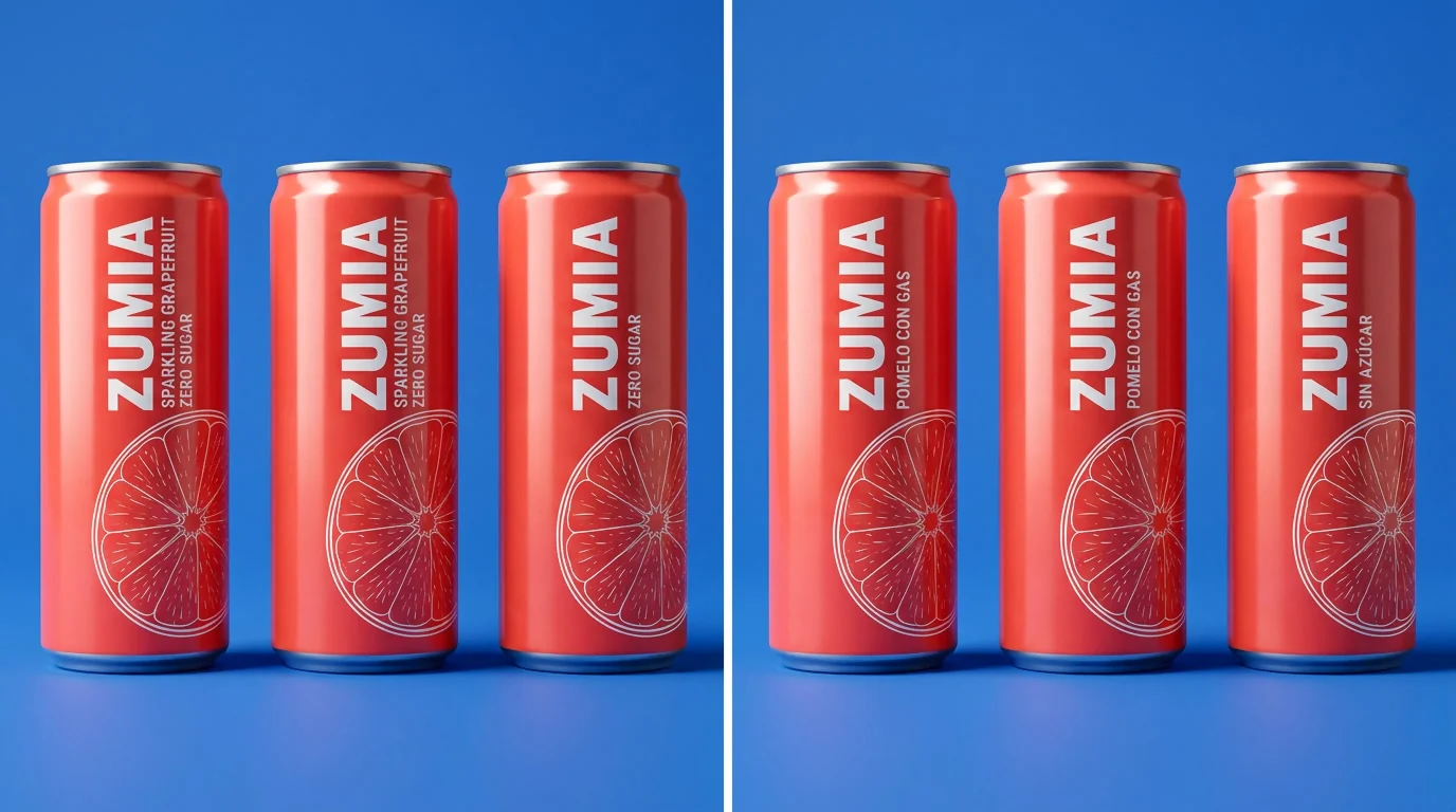 ZUMIA cans with English and Spanish labels side by side, made with Nano Banana Pro