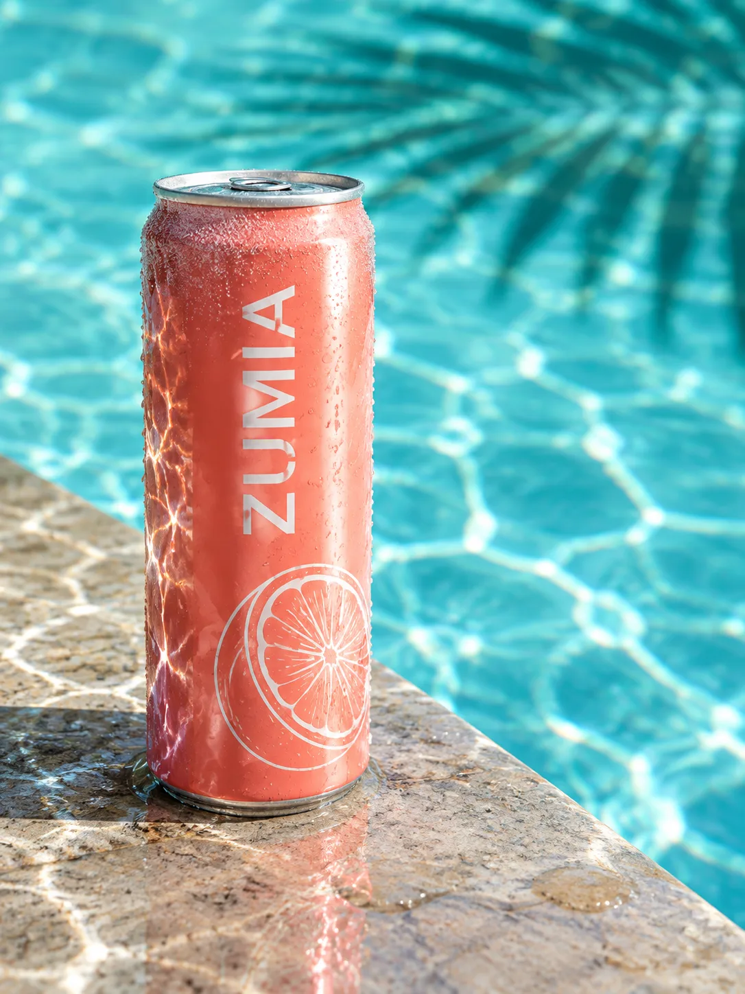Coral ZUMIA grapefruit sparkling water can on a wet pool edge in midday sun, made with GPT Image 2.5