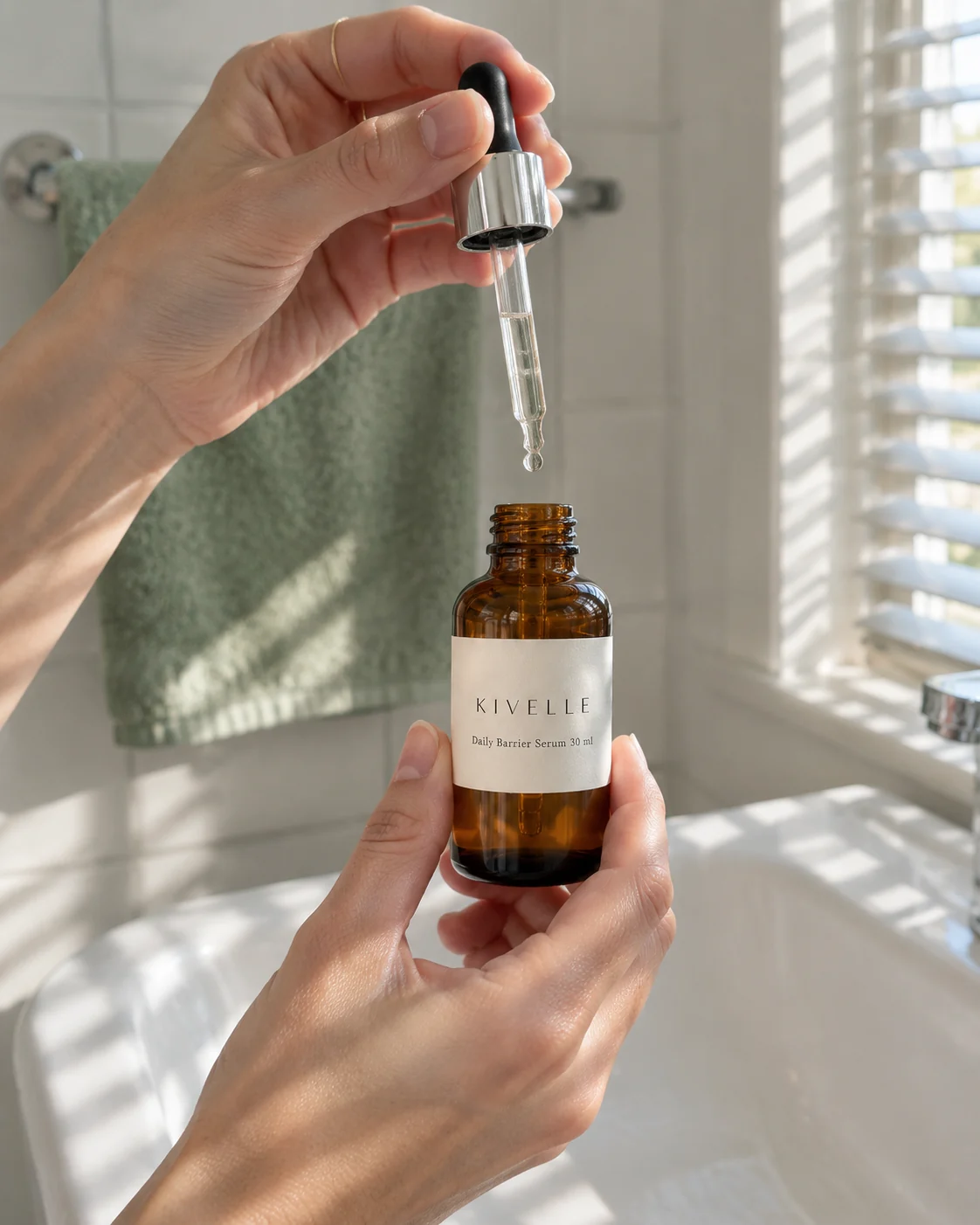 Hands lifting the dropper of a KIVELLE serum over a basin, shot with an AI product photo generator