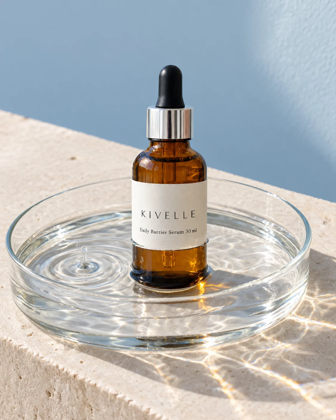 KIVELLE serum in a glass tray of water with sunlit ripples, made with an AI product photo generator