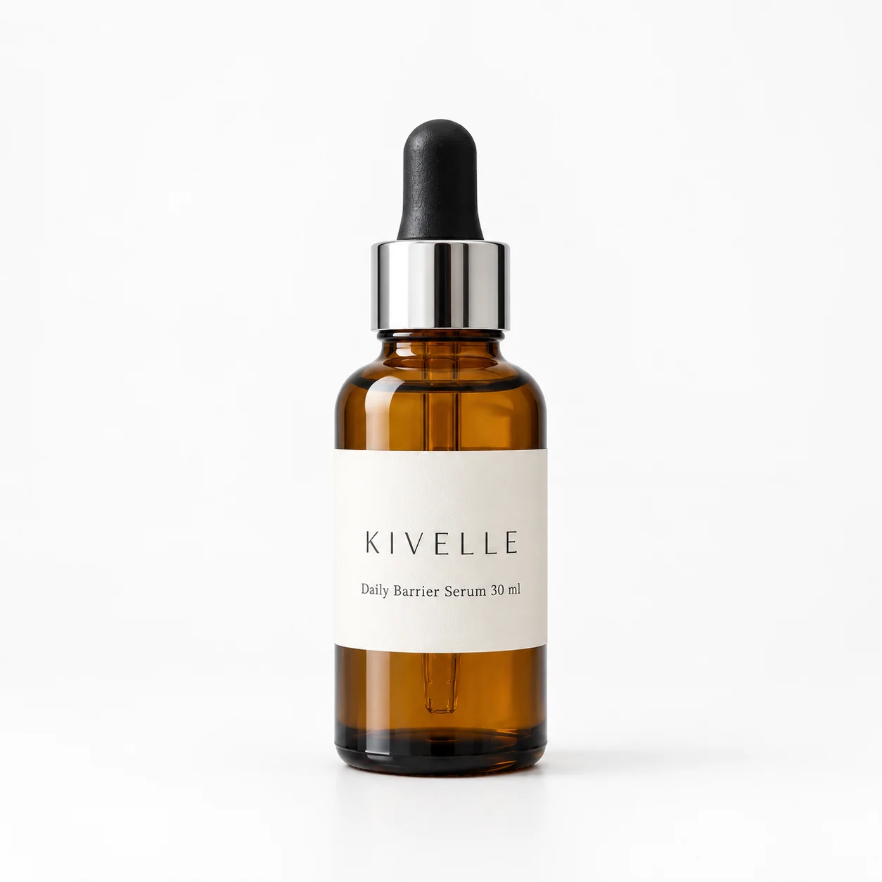 White-background 1:1 packshot of the KIVELLE serum from an AI product photo generator