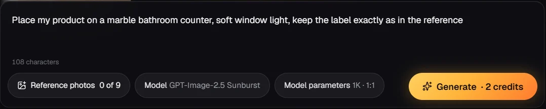 Image studio opened with GPT Image 2.5 Sunburst picked