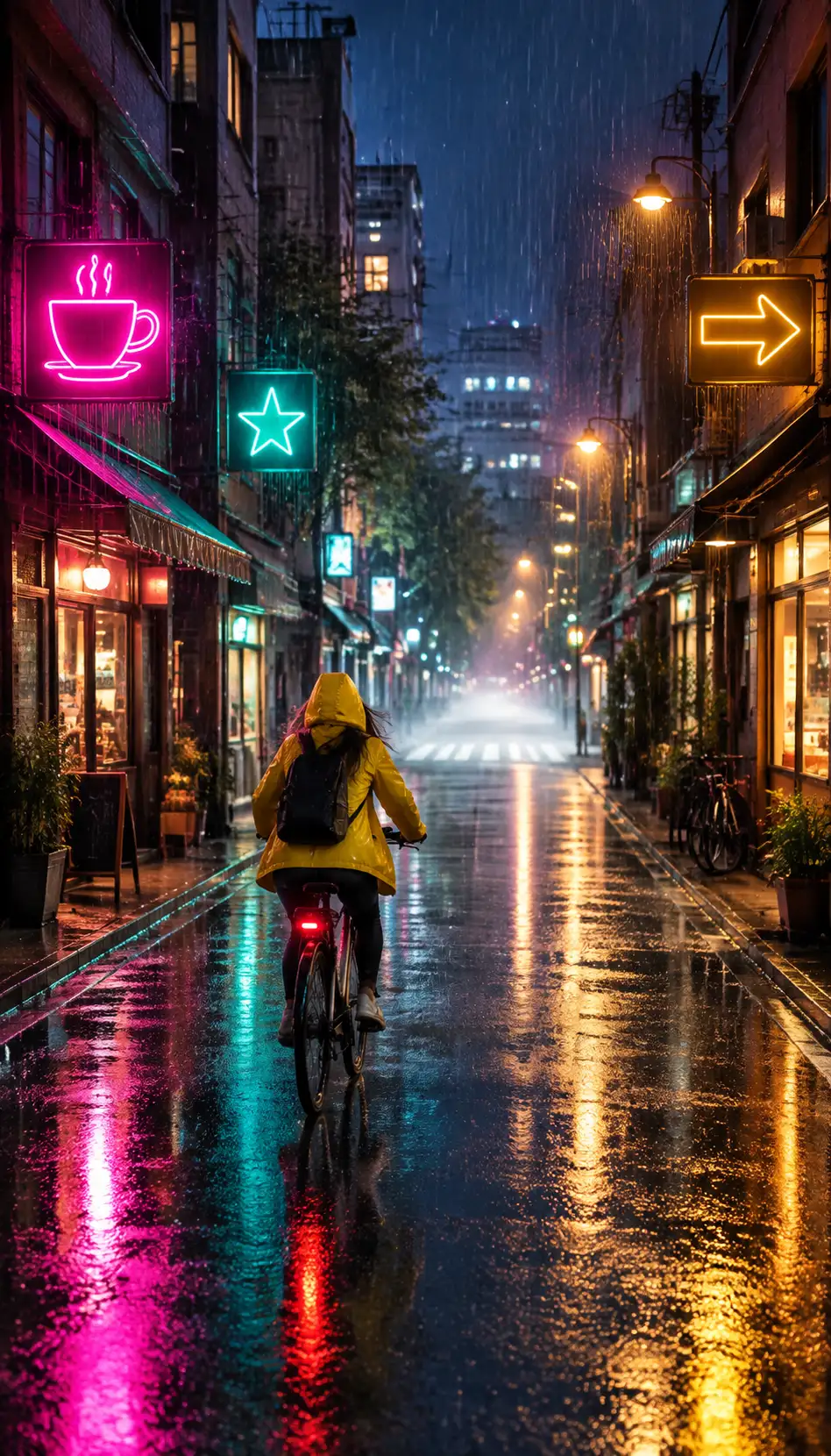 Cyclist in a yellow rain jacket on a neon-lit wet street at night, from a fast AI image generator