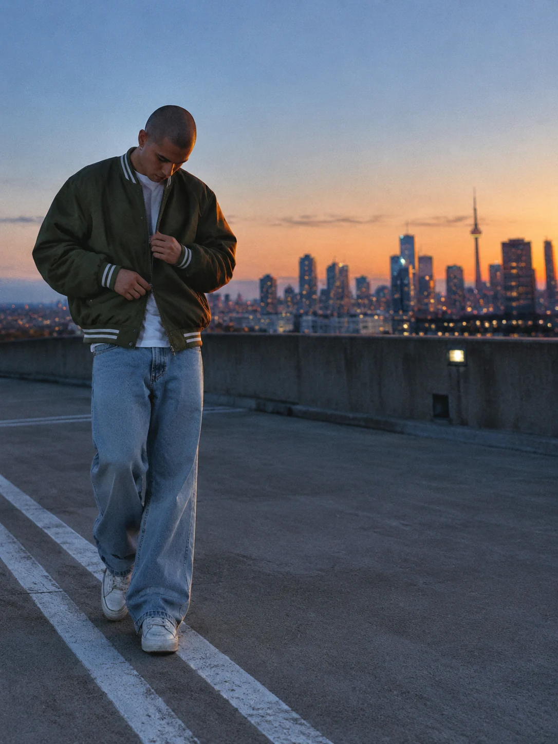 Man zipping an olive varsity jacket on a garage roof at dusk, made with a fast AI image generator