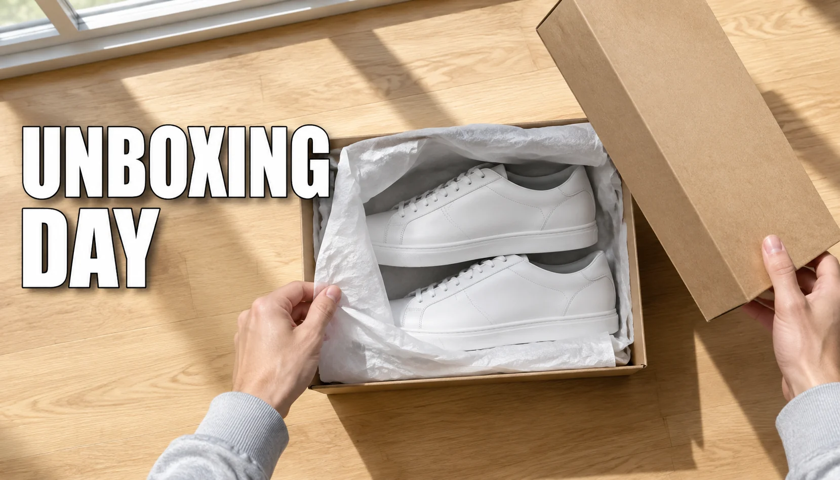 Unboxing thumbnail of hands opening a box of white sneakers, made with a fast AI image generator