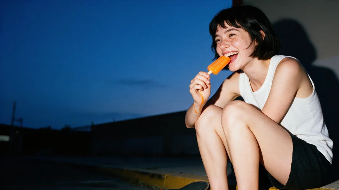 Same candid flash prompt made with Seedream 5.0 Pro: woman laughing with an ice pop at dusk