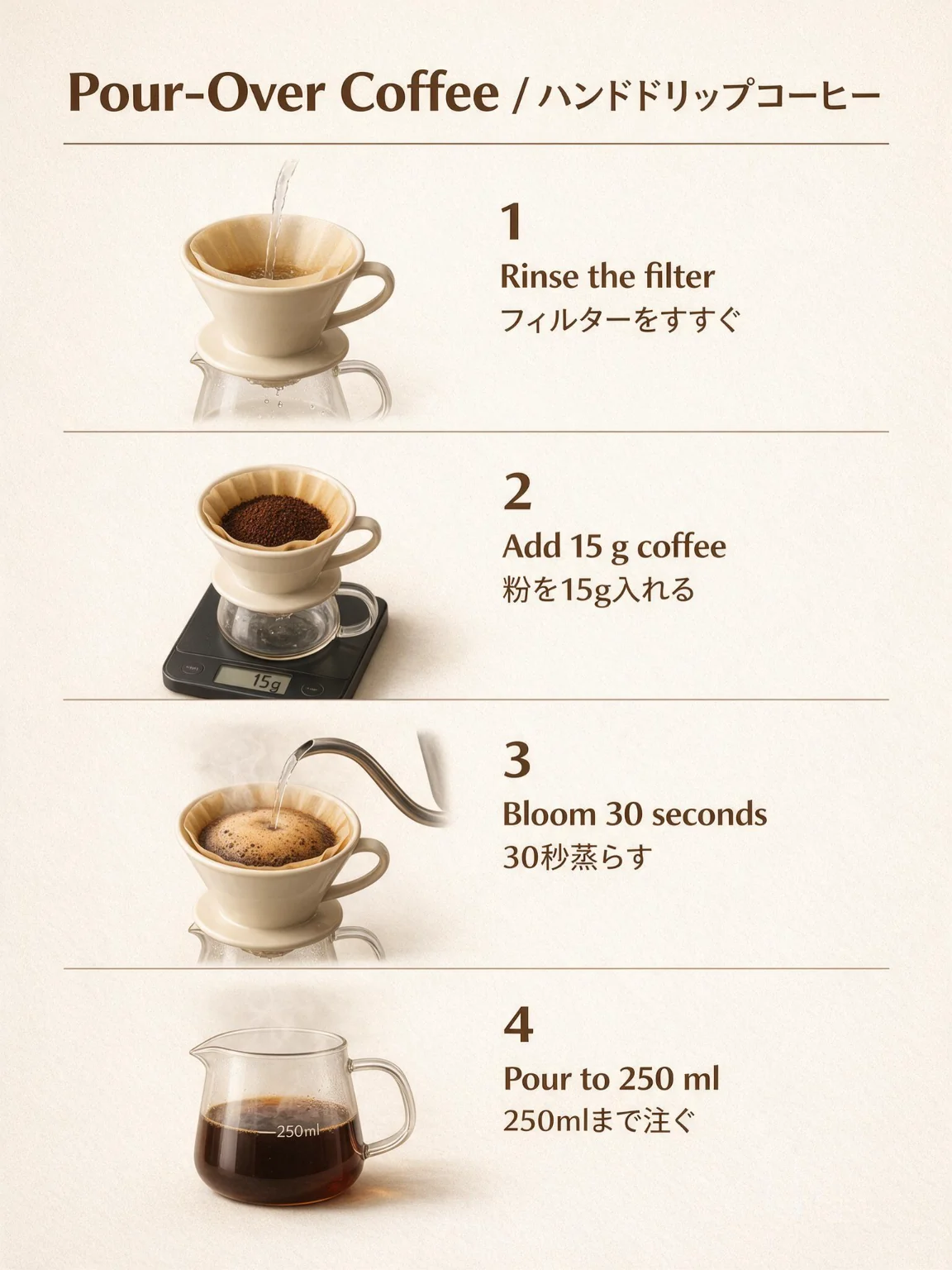 Pour-over coffee infographic in English and Japanese, made with Seedream 5.0 Pro