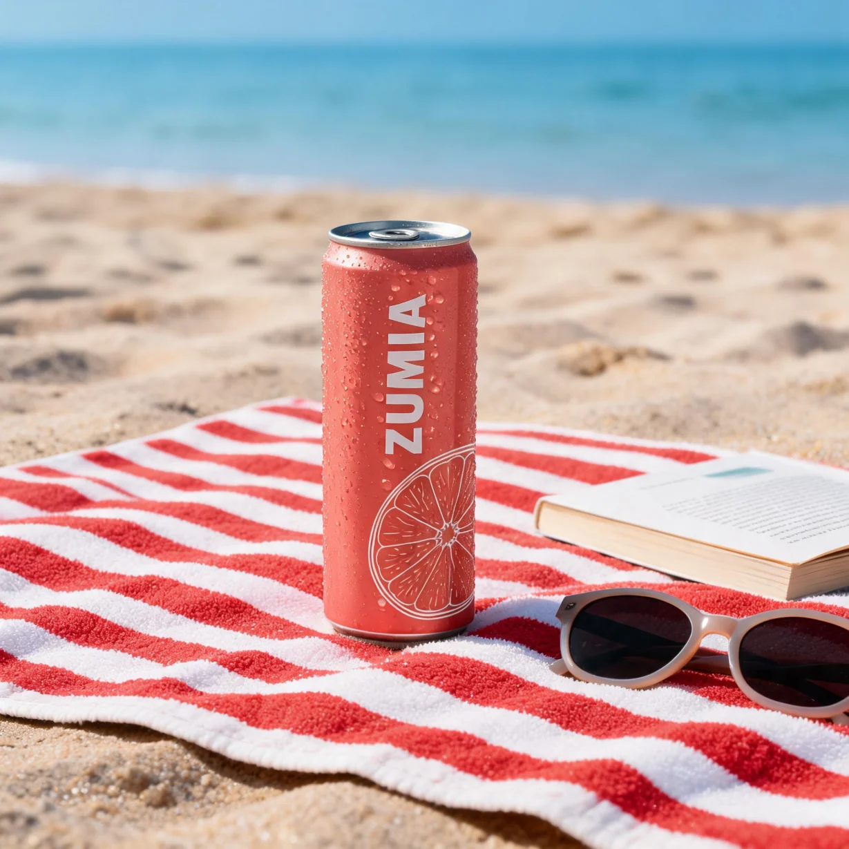 ZUMIA can on a striped beach towel, made from a reference picture with Seedream 5