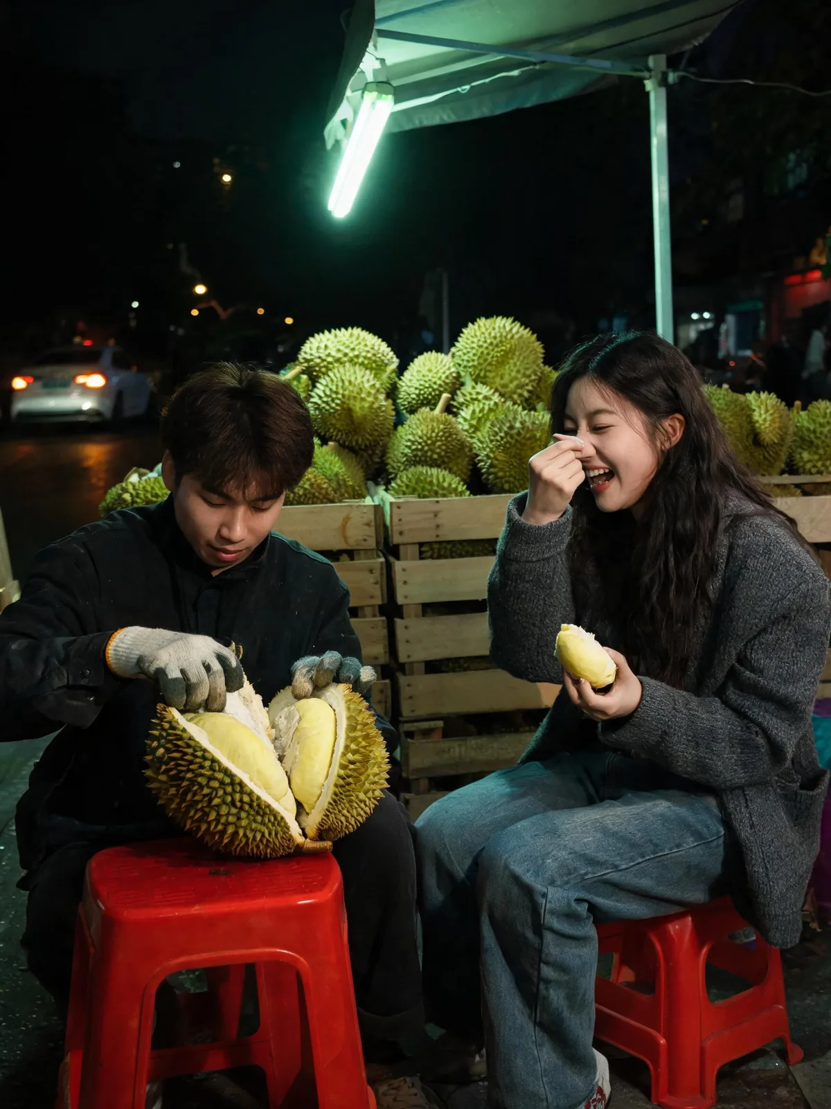 Same durian stall prompt made with Seedream 5: a man opens the husk, a woman pinches her nose, dark street