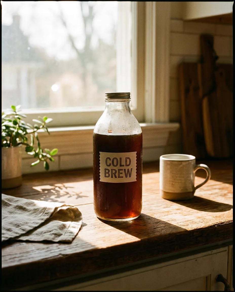 Cold brew bottle labelled COLD BREW on a sunny counter, Nano Banana Pro 2 at 1K for 10 credits